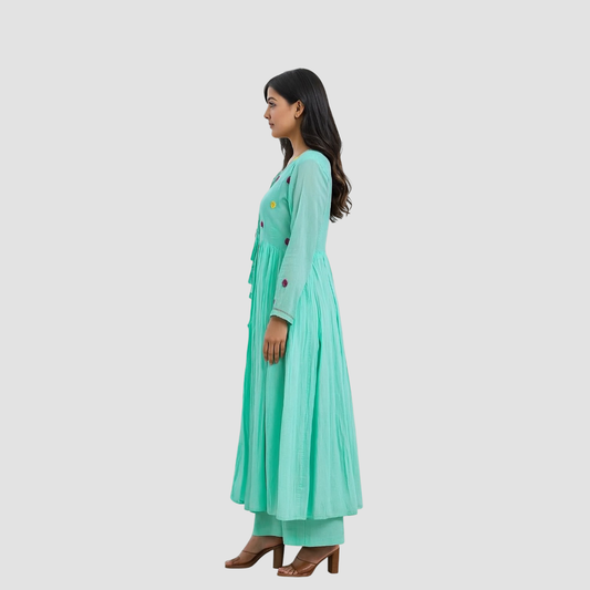 | NTYM | SEA GREEN Cotton 3piece KURTA with PALAZZO
