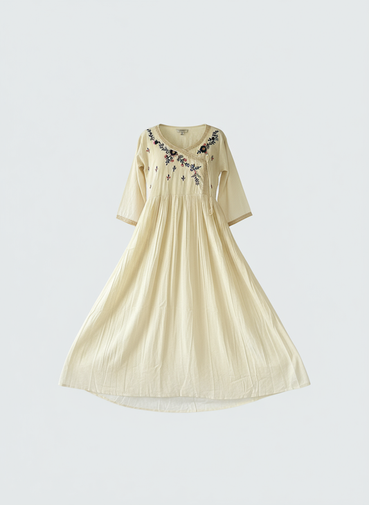 Khadi Periwinkle Dress with Floral Embroidery | NTYM Women's Wear