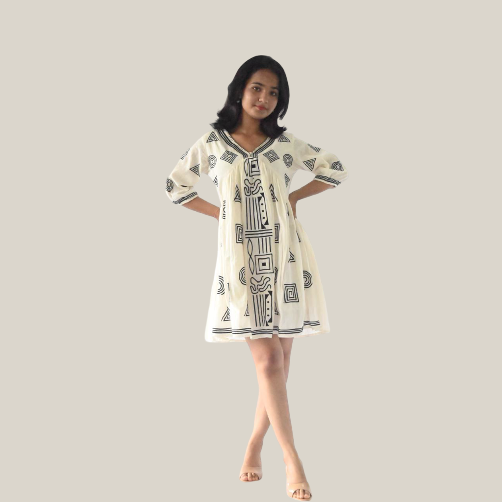 Cotton Embroidered Off white Short Dress | NTYM Ivory Echo Tunic