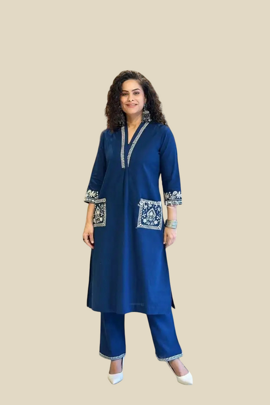 | NTYM | ROYAL BLUE COTTON KURTA SET with Embroidery