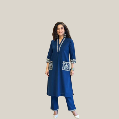 | NTYM | ROYAL BLUE COTTON KURTA SET with Embroidery