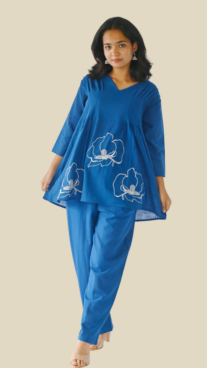 | NTYM | Indigo Petal Embroidered Cotton Co-Ord