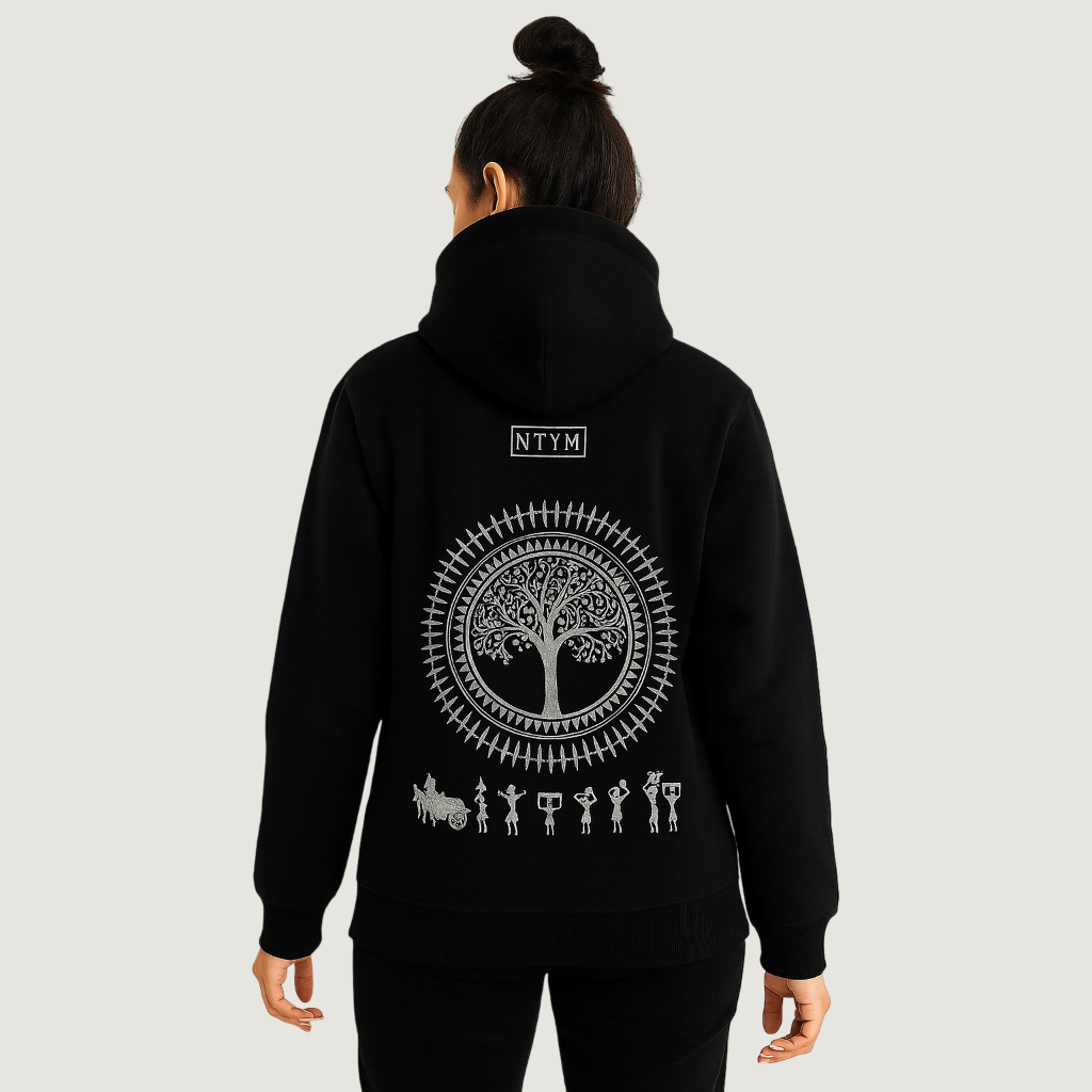 Black Hoodie with Warli Embroidery | Unisex Cotton Fleece | NTYM
