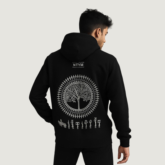 Black Hoodie with Warli Embroidery | Unisex Cotton Fleece | NTYM