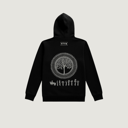 Black Hoodie with Warli Embroidery | Unisex Cotton Fleece | NTYM