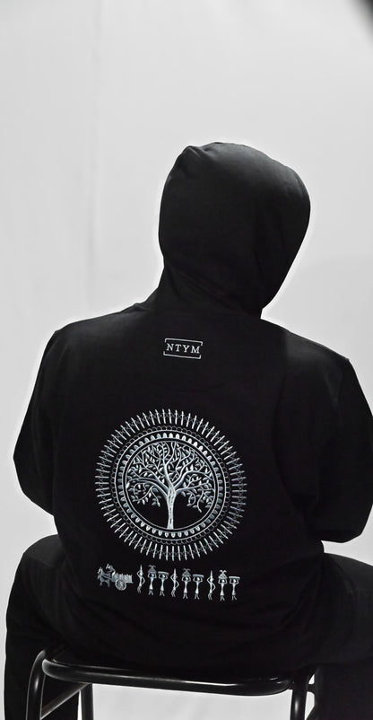 Black Hoodie with Warli Embroidery | Unisex Cotton Fleece | NTYM