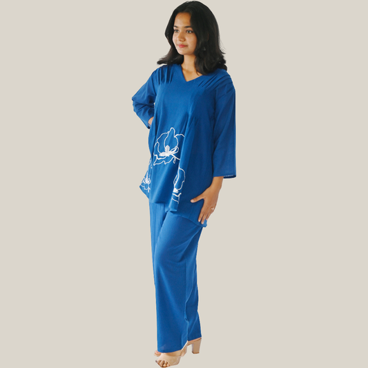 | NTYM | Indigo Petal Embroidered Cotton Co-Ord