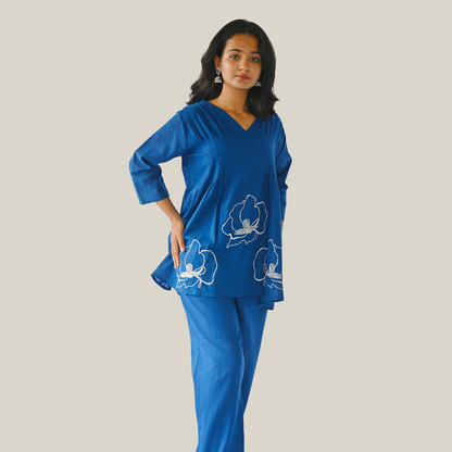 | NTYM | Indigo Petal Embroidered Cotton Co-Ord