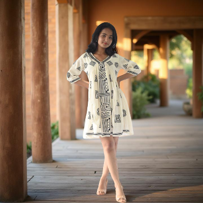 Cotton Embroidered Off white Short Dress | NTYM Ivory Echo Tunic
