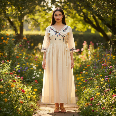 Khadi Periwinkle Dress with Floral Embroidery | NTYM Women's Wear